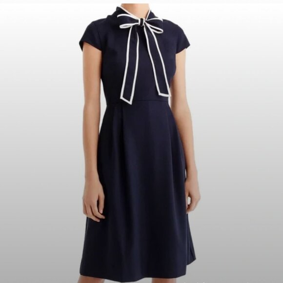 J.Crew 2P White Trim Bow Navy Dress - Office - Mid- Brunch Event Date night - Picture 4 of 11